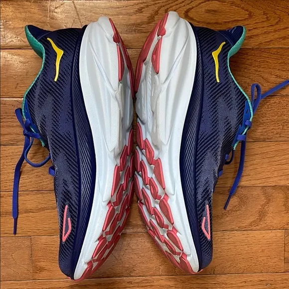 Hoka Clifton 9 Blue and Pink Athletic Shoes with Cushioned Midsole