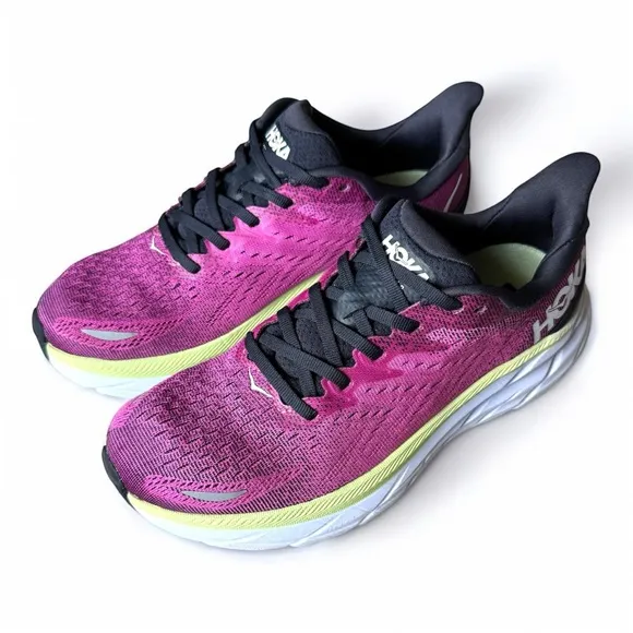 Hoka One One Clifton 8 Women’s Running Shoes Magenta Yellow White Size 8B