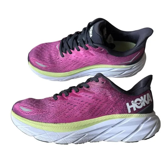 Hoka One One Clifton 8 Women’s Running Shoes Magenta Yellow White Size 8B
