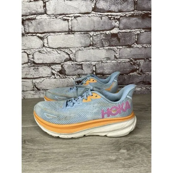 Hoka One One Clifton 9 Medium Airy Blue Synthetic Lace Running Shoes Women 6.5M