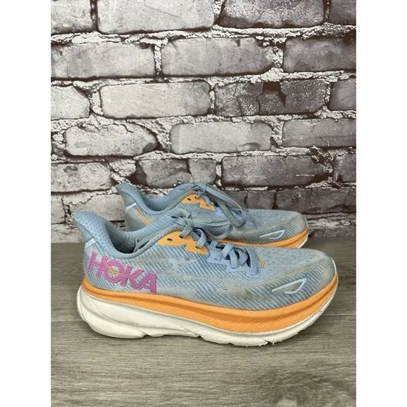 Hoka One One Clifton 9 Medium Airy Blue Synthetic Lace Running Shoes Women 6.5M