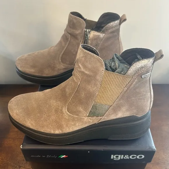 Igi &amp; Co Women's Suede Ankle Boots In Beige With Wedge Booties Shoes Sz 41=10 US