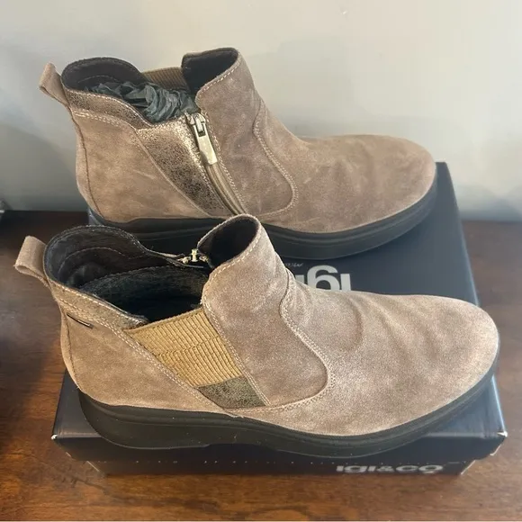 Igi &amp; Co Women's Suede Ankle Boots In Beige With Wedge Booties Shoes Sz 41=10 US