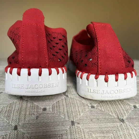 Ilse Jacobsen Tulip Red Fabric Perforated Slip On Shoes Women's EU 38 US 7.5 - 8