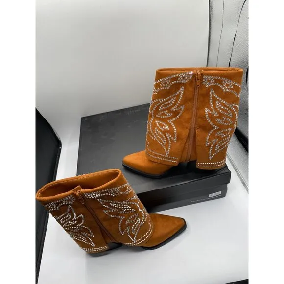 INC Jadiza Women's Brown Faux Suede Ankle Cowboy Western Shoes Boots NIB
