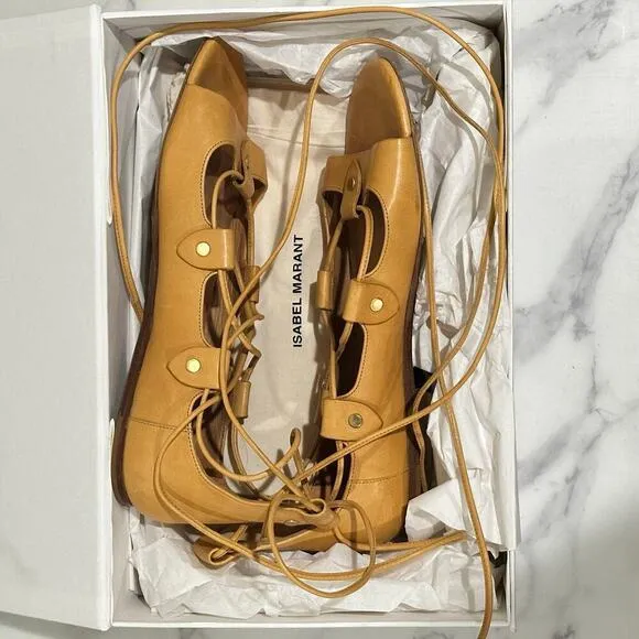 Isabel Marant Alisa Leather Lace-Up Sandals in Tan Amber Size EUR 37