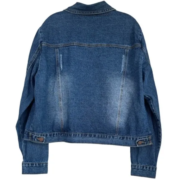 Jean Jacket Distressed Medium Blue Wash Denim Trucker Jacket Size Large