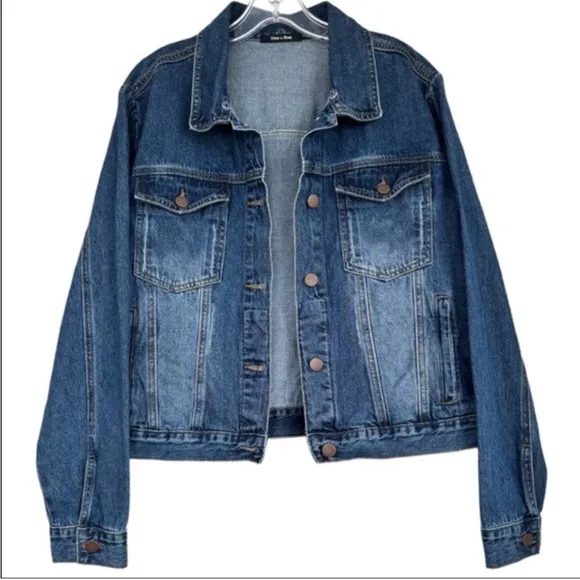 Jean Jacket Distressed Medium Blue Wash Denim Trucker Jacket Size Large