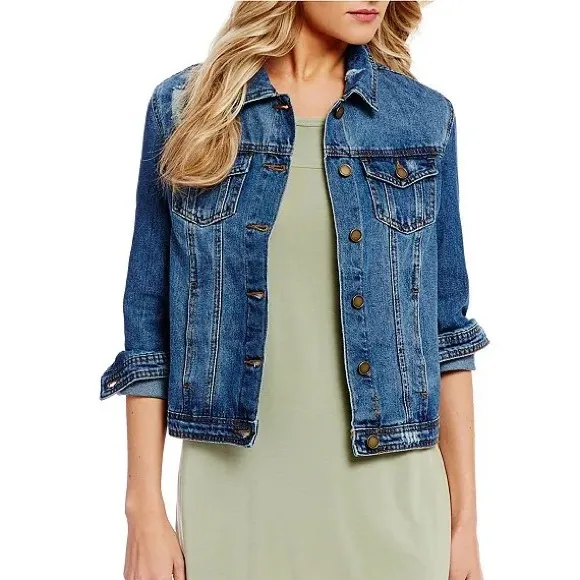 Jean Jacket Distressed Medium Blue Wash Denim Trucker Jacket Size Large