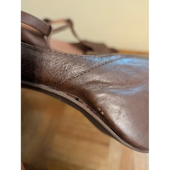 Jeffrey Campbell Size 8.5 Brown Leather Wood Platform High Heel Peep Toe 5&quot; Heel