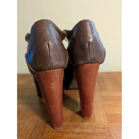 Jeffrey Campbell Size 8.5 Brown Leather Wood Platform High Heel Peep Toe 5&quot; Heel