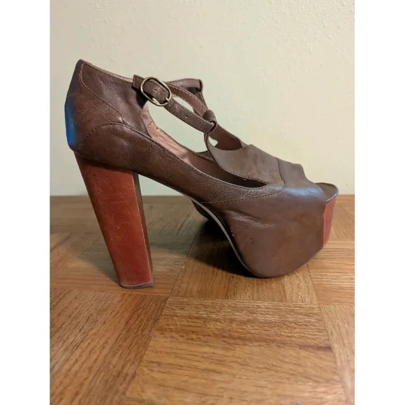 Jeffrey Campbell Size 8.5 Brown Leather Wood Platform High Heel Peep Toe 5&quot; Heel