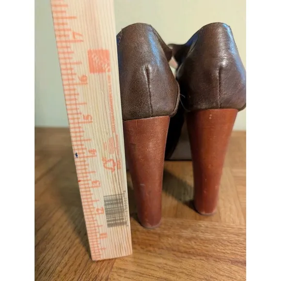 Jeffrey Campbell Size 8.5 Brown Leather Wood Platform High Heel Peep Toe 5&quot; Heel