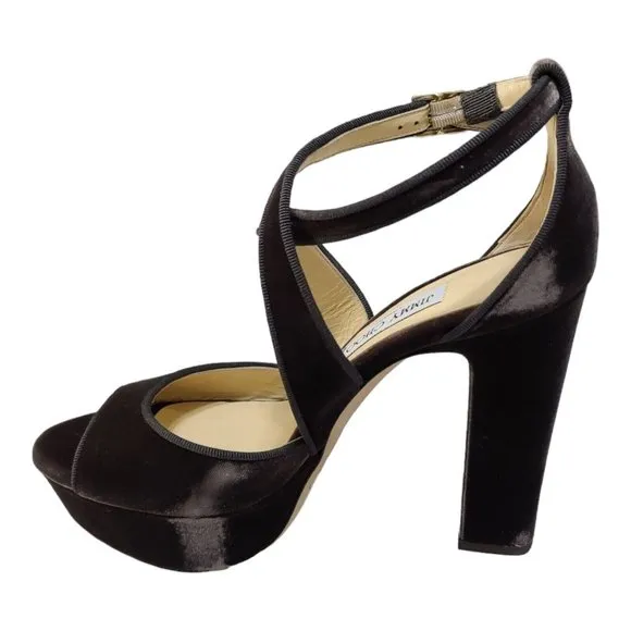 Jimmy Choo April 120 Brown Velvet Platform Heels 39.5 9.5 Peep Toe Cross Strap