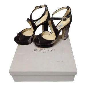 Jimmy Choo April 120 Brown Velvet Platform Heels 39.5 9.5 Peep Toe Cross Strap