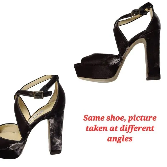 Jimmy Choo April 120 Brown Velvet Platform Heels 39.5 9.5 Peep Toe Cross Strap