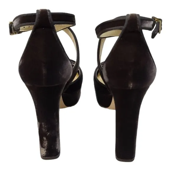 Jimmy Choo April 120 Brown Velvet Platform Heels 39.5 9.5 Peep Toe Cross Strap
