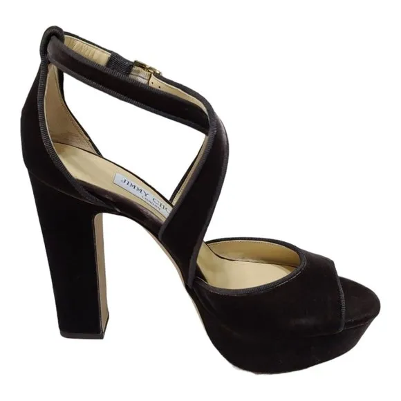 Jimmy Choo April 120 Brown Velvet Platform Heels 39.5 9.5 Peep Toe Cross Strap