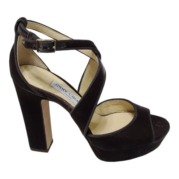 Jimmy Choo April 120 Brown Velvet Platform Heels 39.5 9.5 Peep Toe Cross Strap