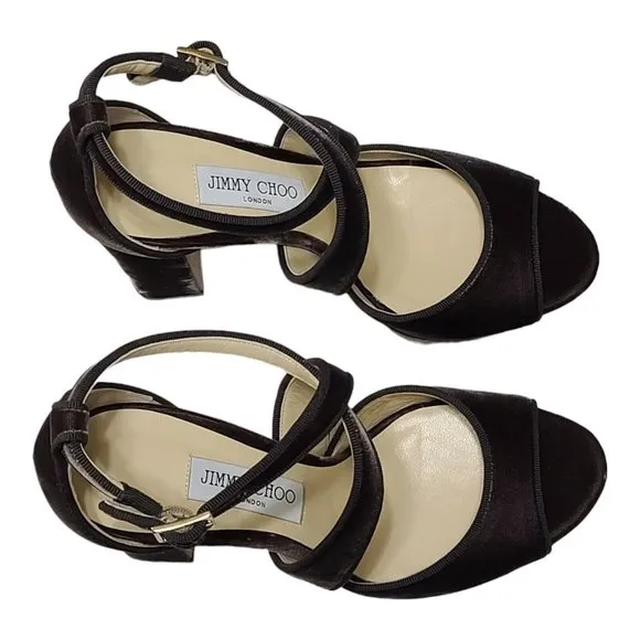 Jimmy Choo April 120 Brown Velvet Platform Heels 39.5 9.5 Peep Toe Cross Strap
