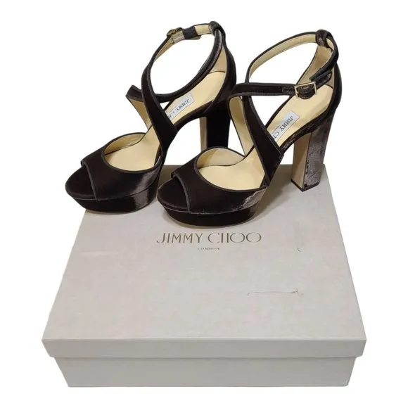 Jimmy Choo April 120 Brown Velvet Platform Heels 39.5 9.5 Peep Toe Cross Strap
