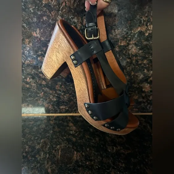 Johnston &amp; Murphy Studded Black Leather Wood Heels Shoes Women's US 8.5