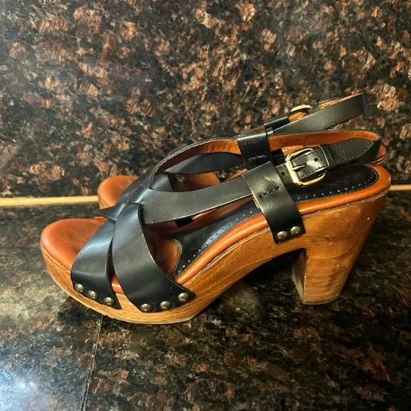 Johnston &amp; Murphy Studded Black Leather Wood Heels Shoes Women's US 8.5