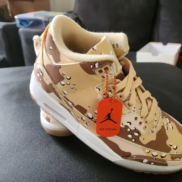 Jordan Tan and Orange Athletic Shoes with Camouflage Design