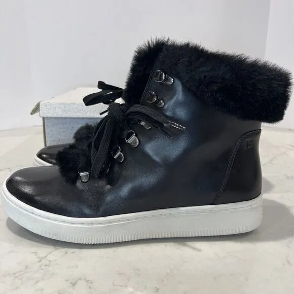 Josef Seibel Black Faux Fur Trim Leather Lace Up Boot Sneaker Sz EU 41 10-10.5