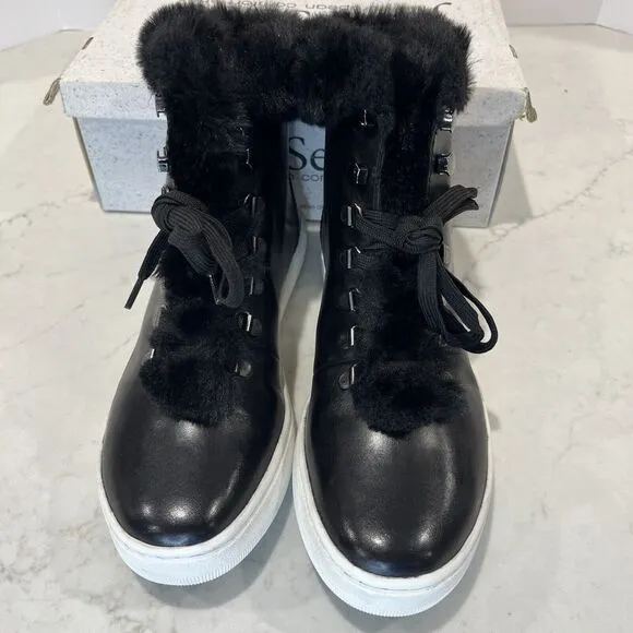 Josef Seibel Black Faux Fur Trim Leather Lace Up Boot Sneaker Sz EU 41 10-10.5