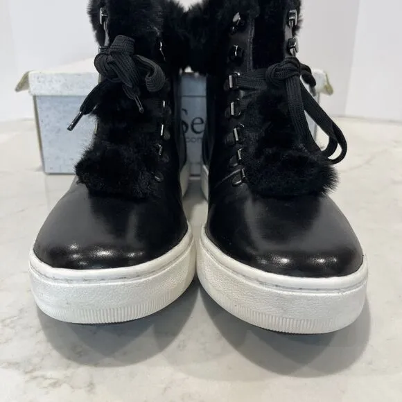 Josef Seibel Black Faux Fur Trim Leather Lace Up Boot Sneaker Sz EU 41 10-10.5