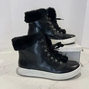 Josef Seibel Black Faux Fur Trim Leather Lace Up Boot Sneaker Sz EU 41 10-10.5