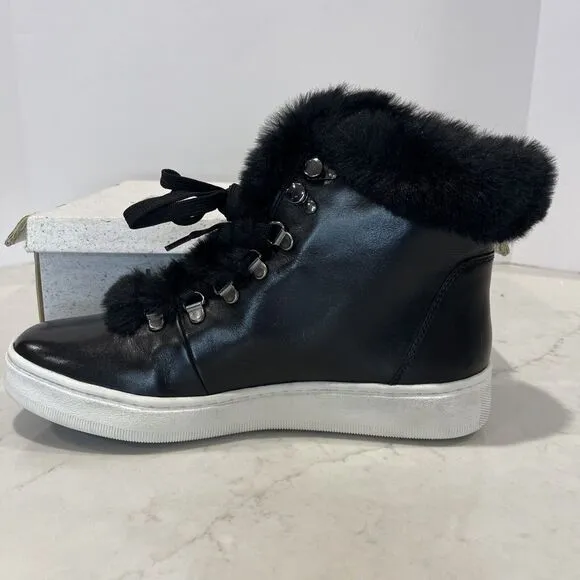 Josef Seibel Black Faux Fur Trim Leather Lace Up Boot Sneaker Sz EU 41 10-10.5