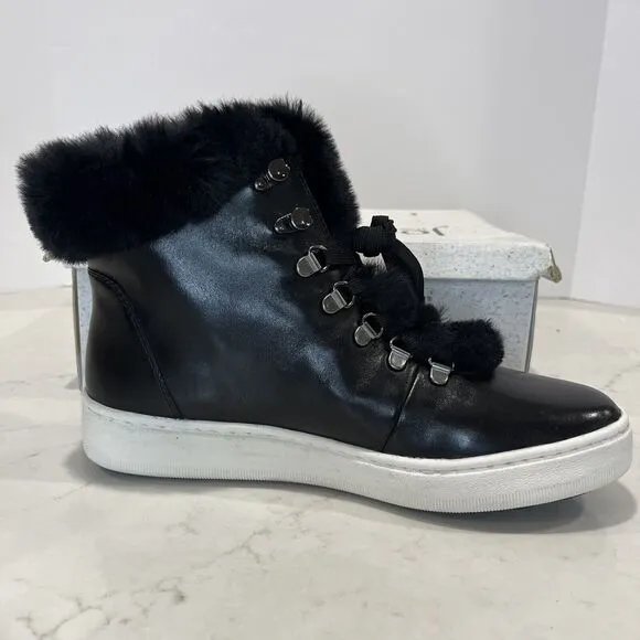 Josef Seibel Black Faux Fur Trim Leather Lace Up Boot Sneaker Sz EU 41 10-10.5