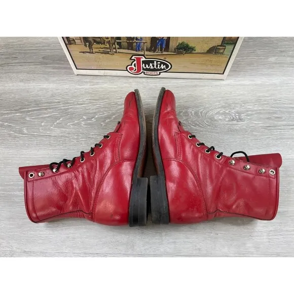 Justin Boot L0503 Women's 7B Red Leather Kiltie Lace Up Ankle Roper Boot