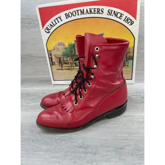 Justin Boot L0503 Women's 7B Red Leather Kiltie Lace Up Ankle Roper Boot