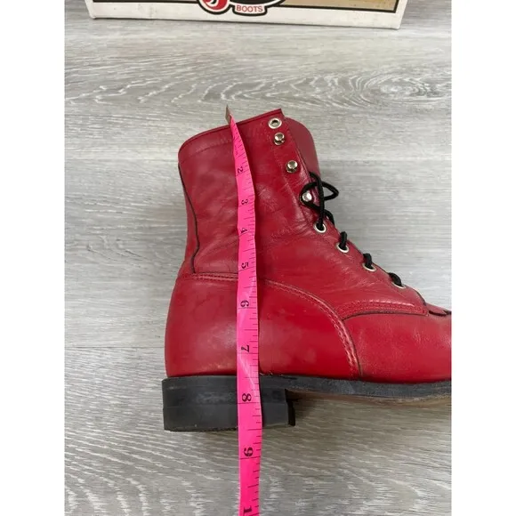 Justin Boot L0503 Women's 7B Red Leather Kiltie Lace Up Ankle Roper Boot