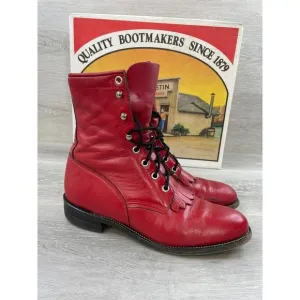 Justin Boot L0503 Women's 7B Red Leather Kiltie Lace Up Ankle Roper Boot