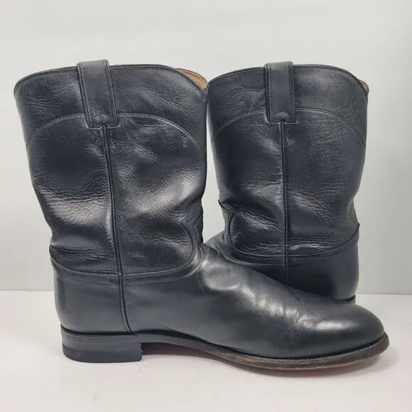 Justin Jackson 10&quot; Roper Men's Black Leather Western Cowboy Boots US Size 13B