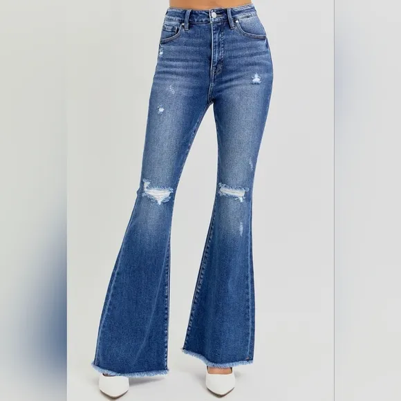 KanCan Flare High-Rise Waist Slim Fit Pants Distressed Tapered Raw Denim Jeans