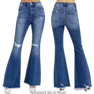 KanCan Flare High-Rise Waist Slim Fit Pants Distressed Tapered Raw Denim Jeans