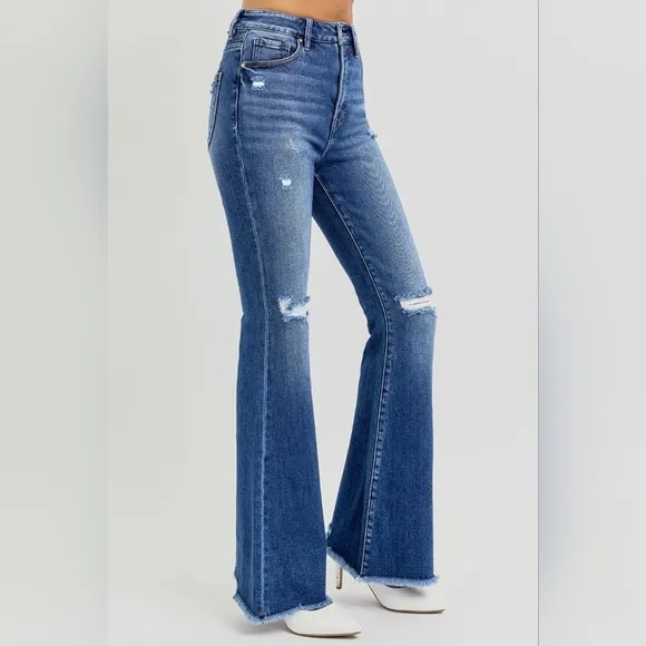 KanCan Flare High-Rise Waist Slim Fit Pants Distressed Tapered Raw Denim Jeans