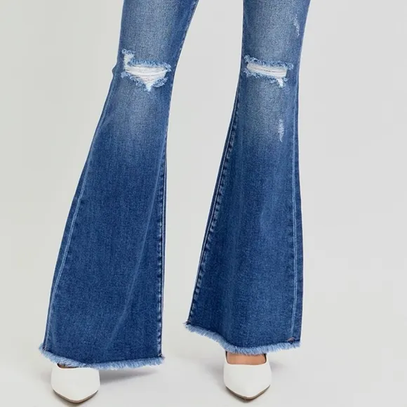 KanCan Flare High-Rise Waist Slim Fit Pants Distressed Tapered Raw Denim Jeans
