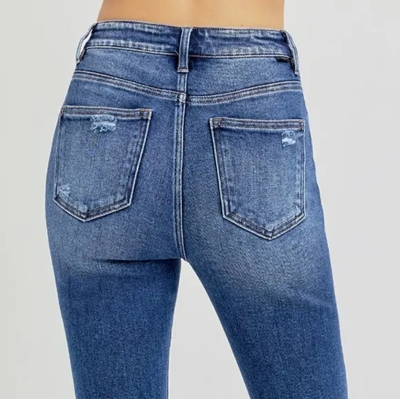 KanCan Flare High-Rise Waist Slim Fit Pants Distressed Tapered Raw Denim Jeans