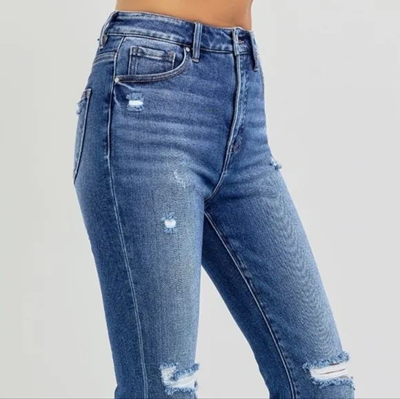 KanCan Flare High-Rise Waist Slim Fit Pants Distressed Tapered Raw Denim Jeans