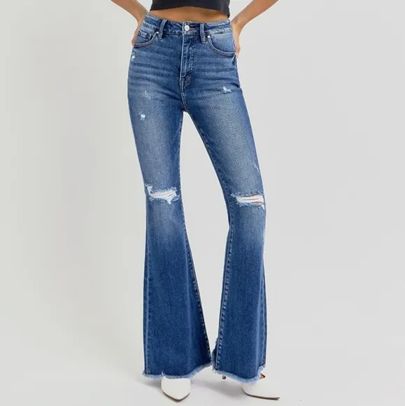 KanCan Flare High-Rise Waist Slim Fit Pants Distressed Tapered Raw Denim Jeans