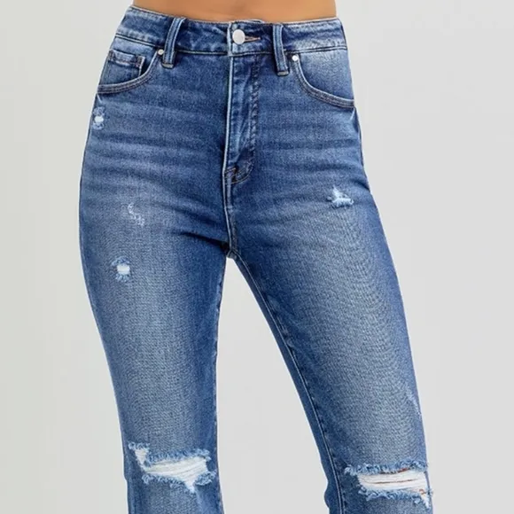 KanCan Flare High-Rise Waist Slim Fit Pants Distressed Tapered Raw Denim Jeans