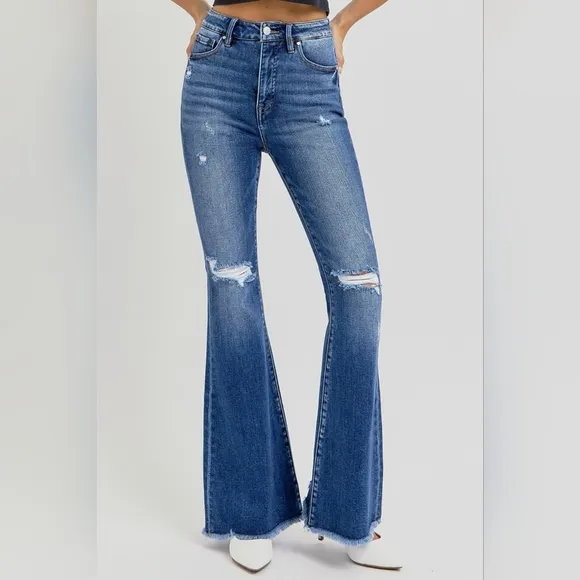 KanCan Flare High-Rise Waist Slim Fit Pants Distressed Tapered Raw Denim Jeans