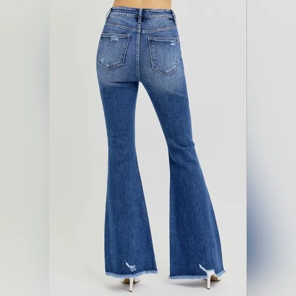 KanCan Flare High-Rise Waist Slim Fit Pants Distressed Tapered Raw Denim Jeans