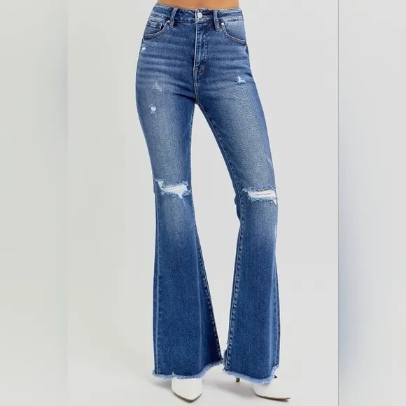 KanCan Flare High-Rise Waist Slim Fit Pants Distressed Tapered Raw Denim Jeans